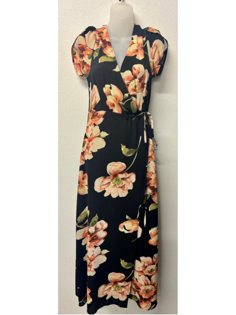 Unbranded Black Orange Floral Maxi Dress Faux Wrap Size Medium